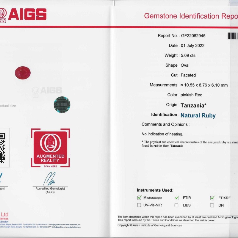 Red, Pink Ruby - 5.09 ct - (AIGS)